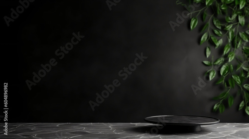 Empty table on black texture wall background. Composition with leaves shadows on the wall and light reflections. Mock up for presentation, branding products, cosmetics food or jewelry, luxury. photo