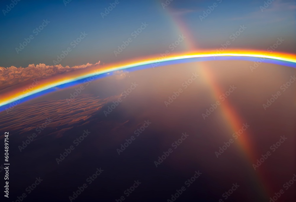 Stunning rainbow over violet purple cloudy sky as panoramic high altitude shot. Dawn early morning sunrise from a satellite above earth with space. Phenomenon full spectrum rainbow. Generative ai. Stunning rainbow over violet purple cloudy sky as panoramic high altitude shot. Dawn early morning sunrise from a satellite above earth with space. Phenomenon full spectrum rainbow. Generative ai.