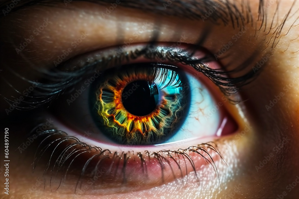 Close up detail of beautiful rainbow female eye pupil. AI generated Close up detail of beautiful rainbow female eye pupil. AI generated