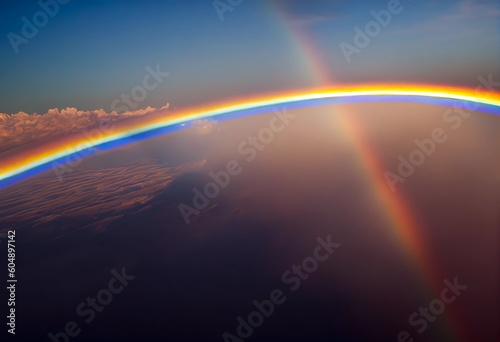 Stunning rainbow over violet purple cloudy sky as panoramic high altitude shot. Dawn early morning sunrise from a satellite above earth with space. Phenomenon full spectrum rainbow. Generative ai.