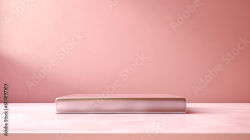 Empty table on pink texture wall background. Composition with leaves shadows on the wall and light reflections. Mock up for presentation, branding products, cosmetics food or jewelry, luxury.