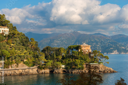 Beautiful bay between Paraggi and Portofino. Luxury tourist resort in Genoa Province (Genova), Liguria, Italy, Europe. Coast and Mediterranean Sea (Ligurian Sea).