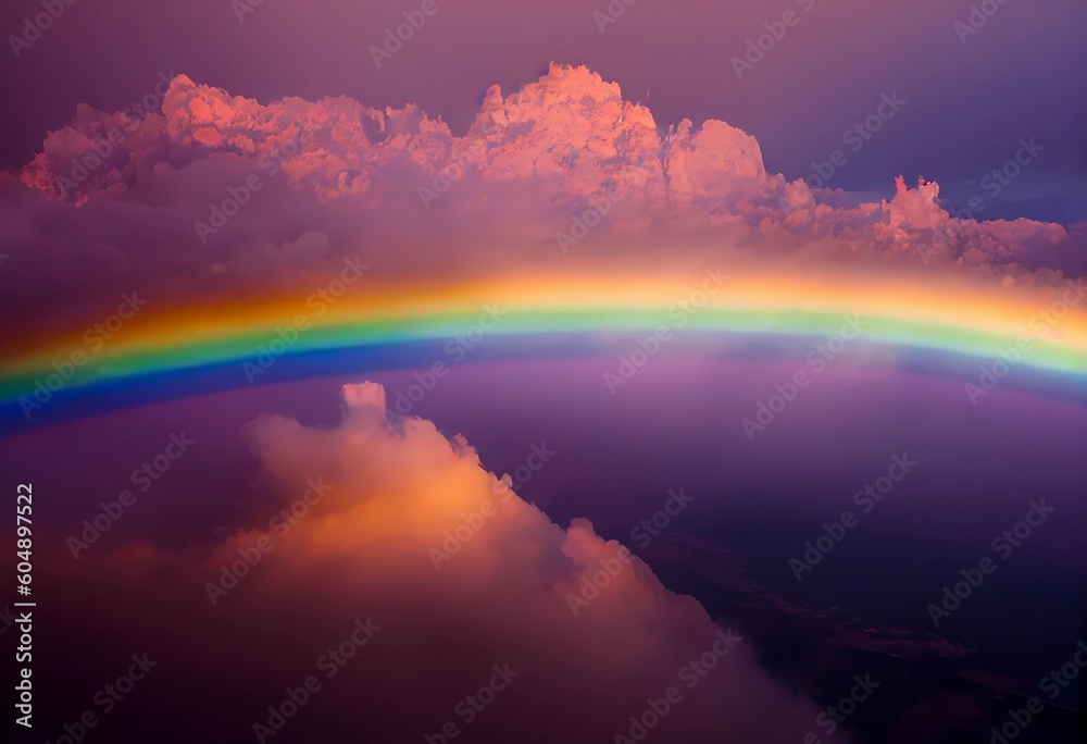 Stunning rainbow over violet purple cloudy sky as panoramic high altitude shot. Dawn early morning sunrise from a satellite above earth with space. Phenomenon full spectrum rainbow. Generative ai.