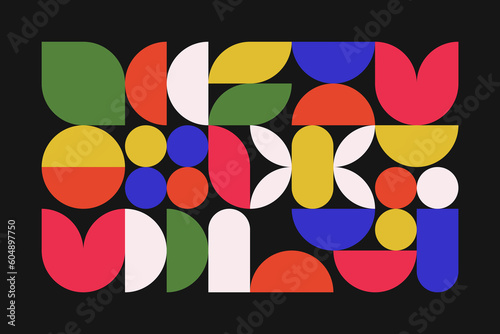 Abstract still life depicting flowers, leaves, fruit plate, candle and moth in trendy Bauhaus style. Design for decor. Vector illustration with geometric elements.