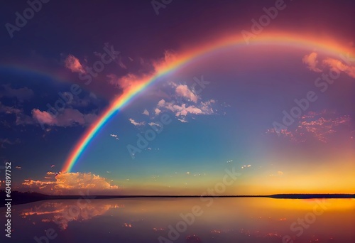 Stunning rainbow over violet purple cloudy sky as panoramic high altitude shot. Dawn early morning sunrise from a satellite above earth with space. Phenomenon full spectrum rainbow. Generative ai.