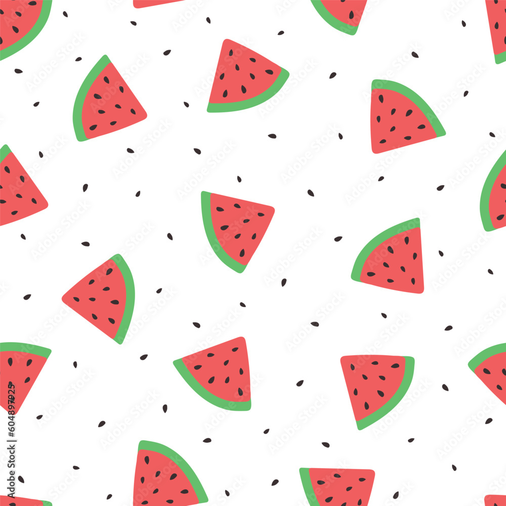 Seamless watermelons pattern. Vector background. Flat design. Pattern of sweet juicy pieces watermelon, watermelon slices with seed Seamless watermelons pattern. Vector background. Flat design. Pattern of sweet juicy pieces watermelon, watermelon slices with seed