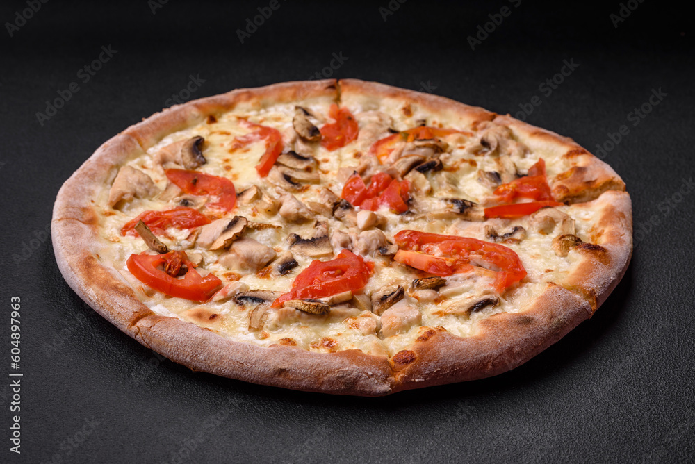 Delicious pizza with chicken, tomatoes and cheese with salt and sauce Delicious pizza with chicken, tomatoes and cheese with salt and sauce