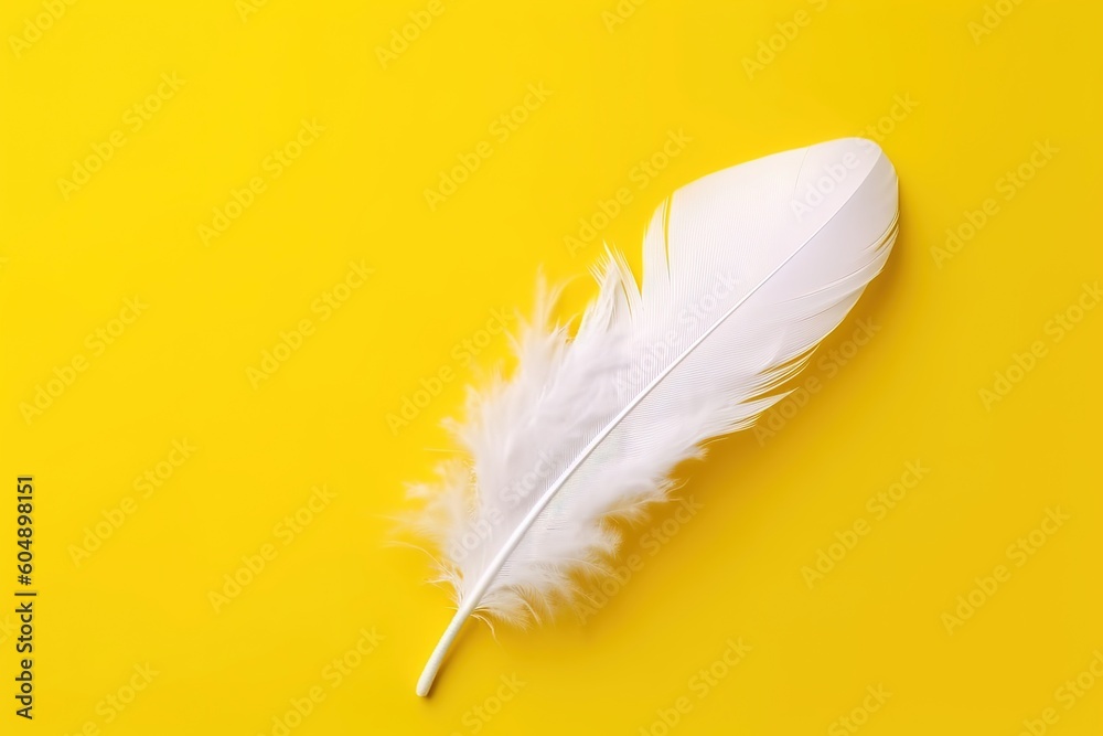Fototapeta premium white feather on yellow background, copy space