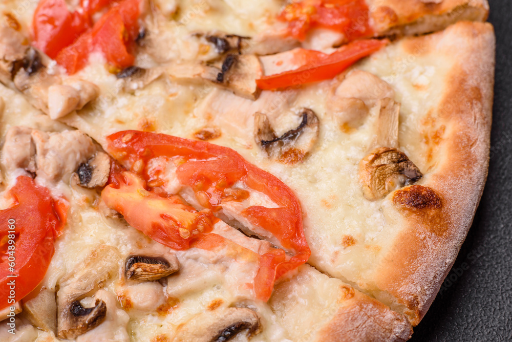 Delicious pizza with chicken, tomatoes and cheese with salt and sauce Delicious pizza with chicken, tomatoes and cheese with salt and sauce