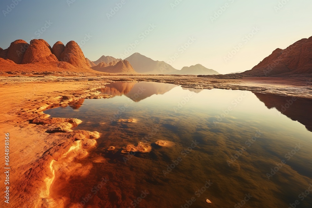 Desert landscape meets serene water surface, evoking clean and warm colors, generative ai
