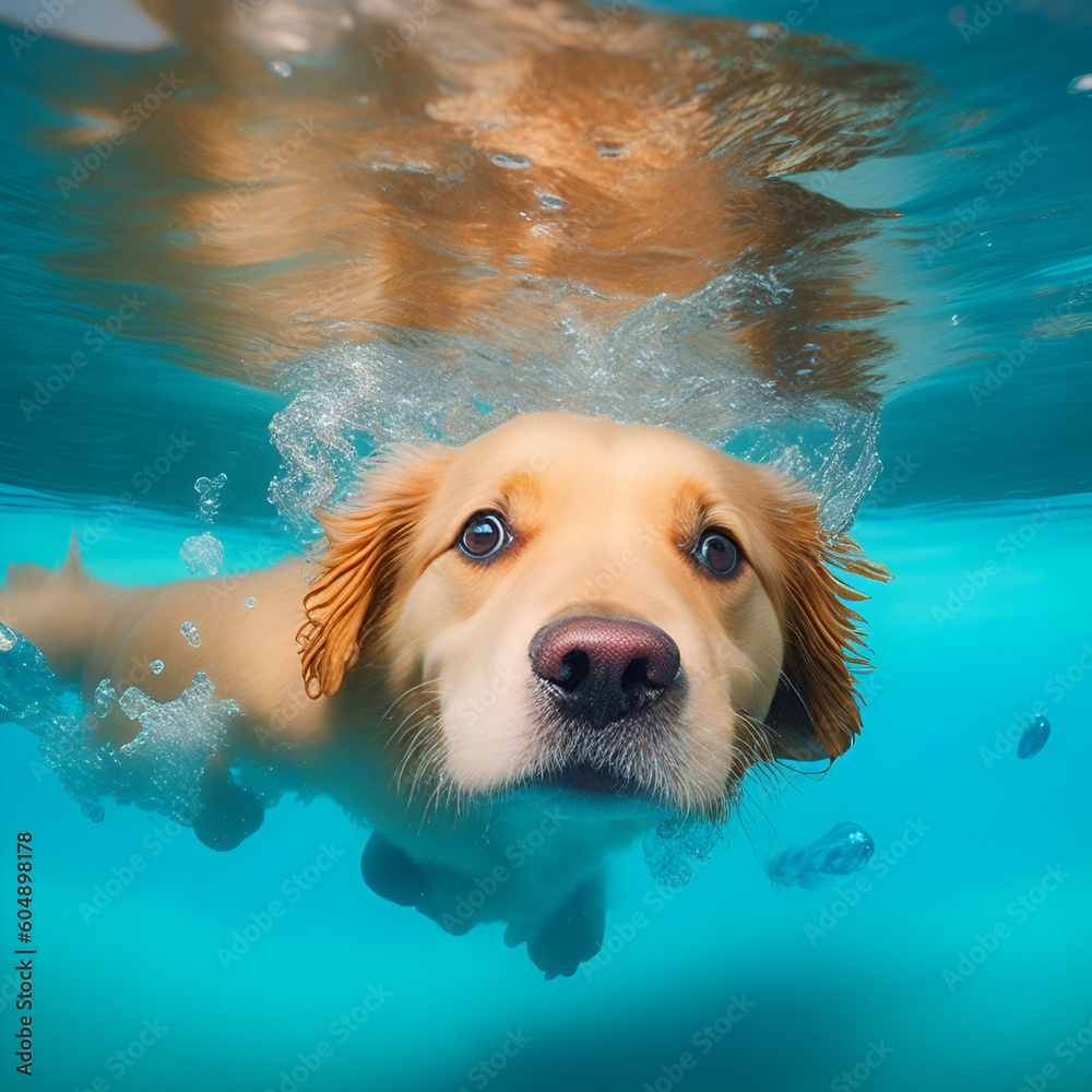 dog swimming in the water with his head above the water, a stock photo ...