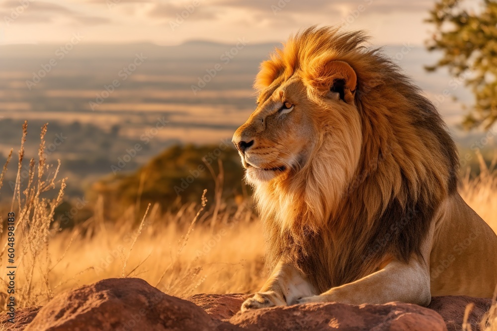 Lion overlooking a vibrant savannah, Golden hour, African landscape
