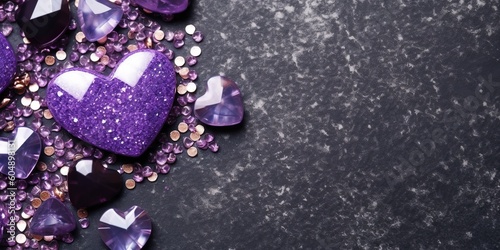 Brilliant purple stone hearts with a dazzling display of bright light and sparkling glitter on concrete background, with copy space for your custom text, generative ai © id512