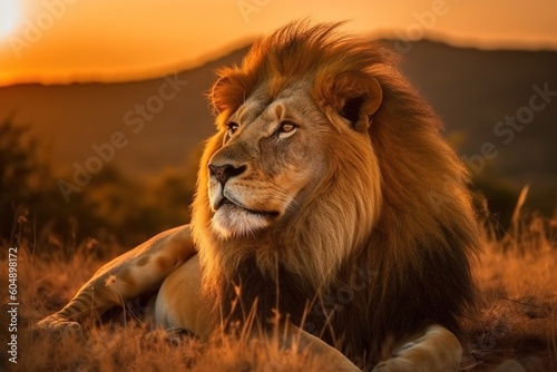portrait of a lion overlooking a vibrant savannah landscape  golden hour