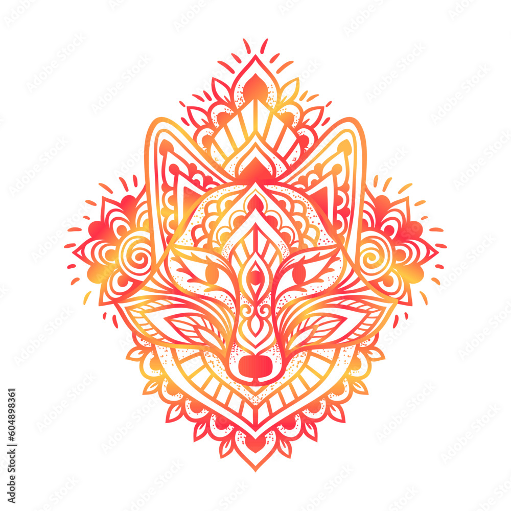 Fox mandala ornament. Vector illustration. Flower Ethnic drawing. Fox animal nature in Zen boho style. Coloring page red and white