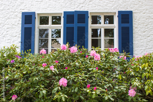 Old German house with wooden windows with wooden shutters and rhododendron