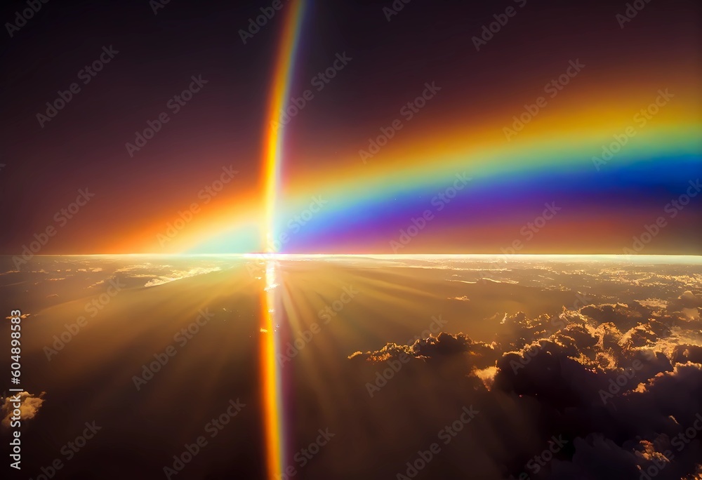 Stunning sunrise sun with rainbow over clouds sky as panoramic high altitude shot. Dawn early morning sunrise from a satellite above earth with space. Phenomenon full spectrum rainbow. Generative ai.