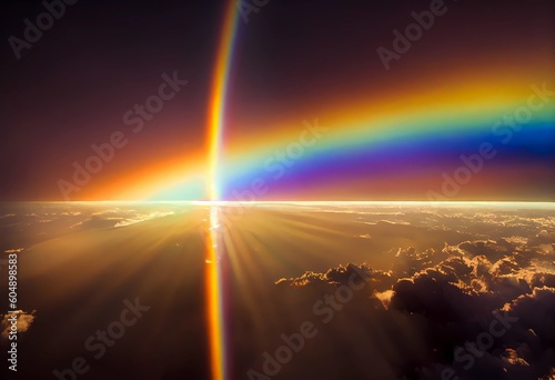 Stunning sunrise sun with rainbow over clouds sky as panoramic high altitude shot. Dawn early morning sunrise from a satellite above earth with space. Phenomenon full spectrum rainbow. Generative ai.