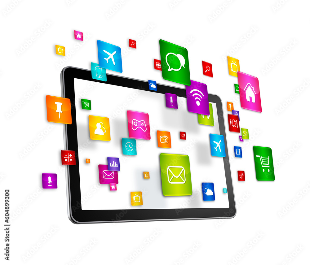 Tablet PC and flying apps icons