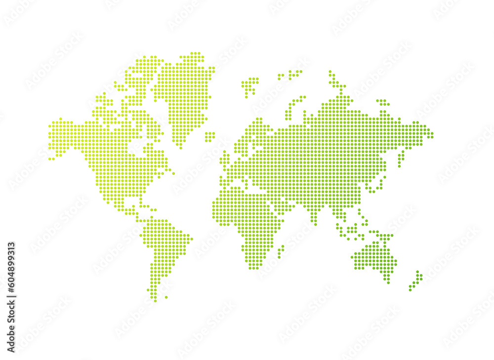 Illustration of a green world map made of dots on a transparent background
