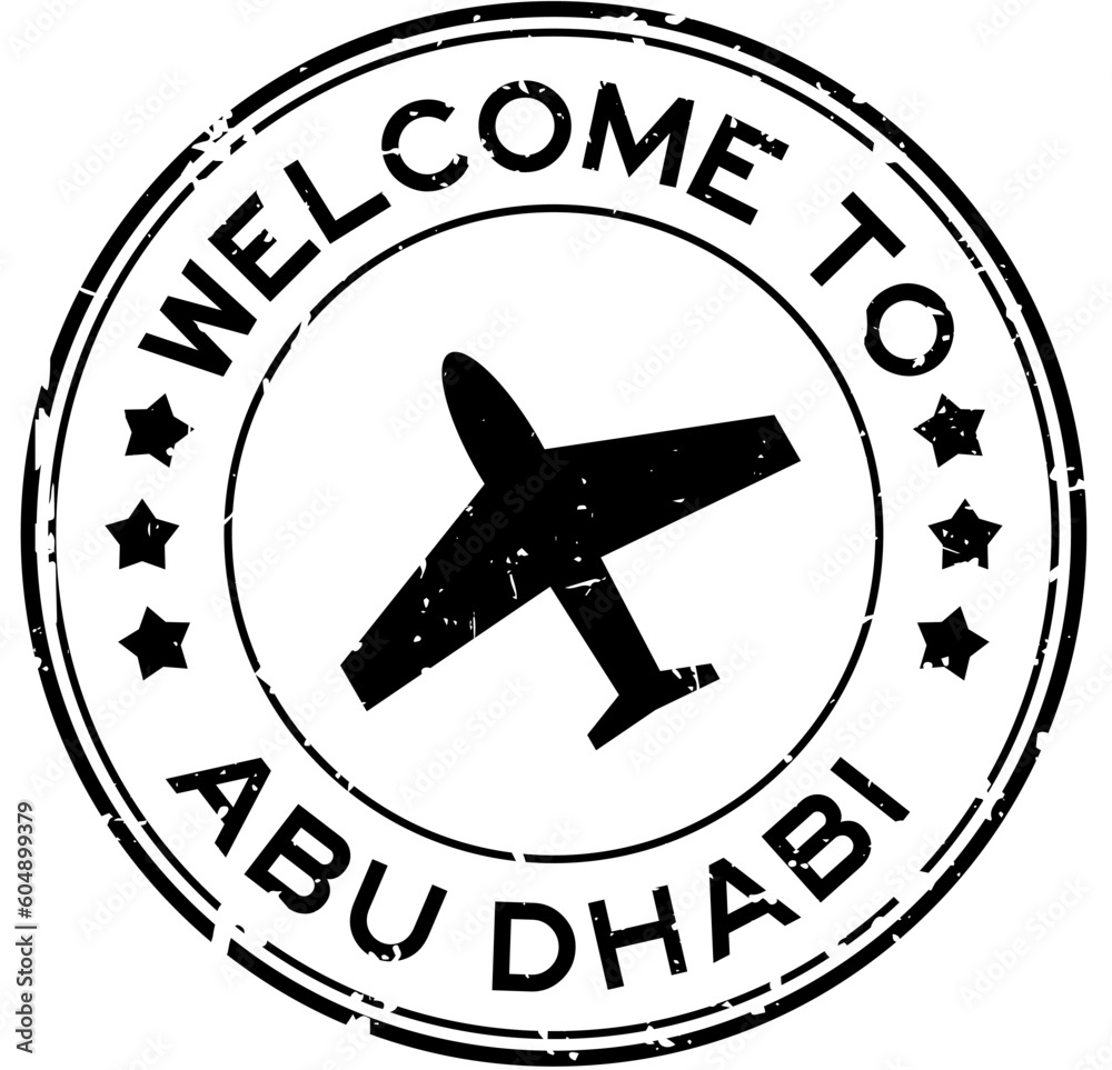 Grunge black welcome to abu dhabi with airplane icon round rubber seal stamp on white background Grunge black welcome to abu dhabi with airplane icon round rubber seal stamp on white background