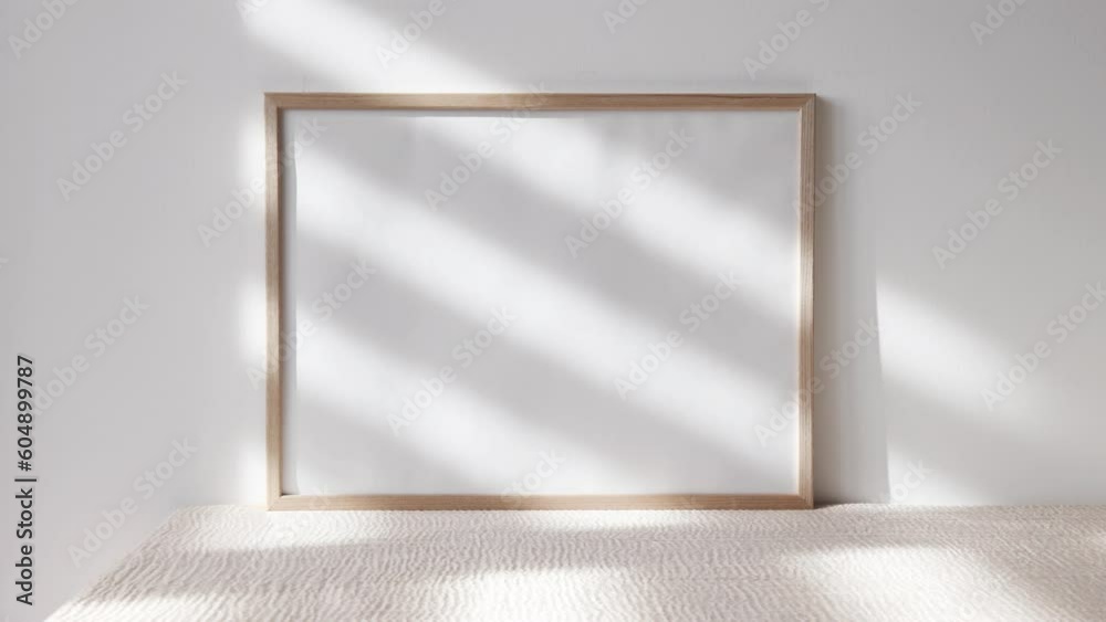 Video 4x3 wooden photo frame mockup on beige table