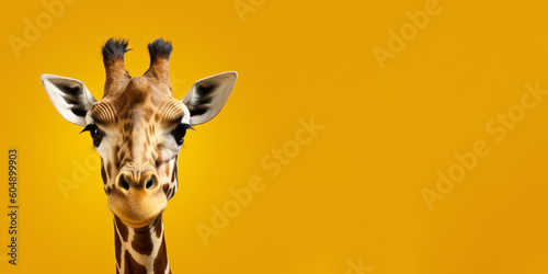 Portrait of a giraffe isolated on bright yellow background. Banner, place holder, copy space.