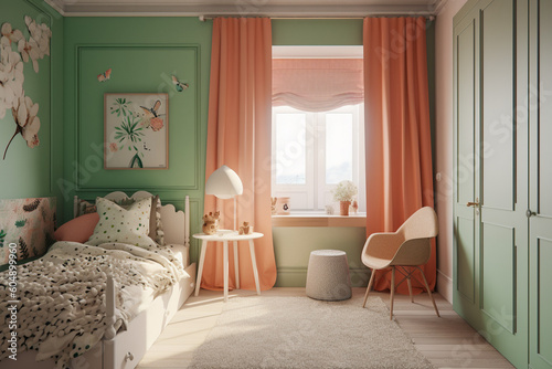 Modern cozy childrens room  classic interior design with light coral  green and white colors. Super photo realistic background  generative ai illustration