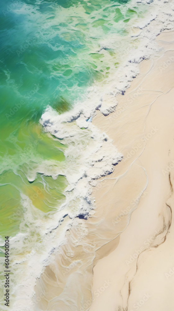 Beach and waves from top view, fictional landscape made with generative ai