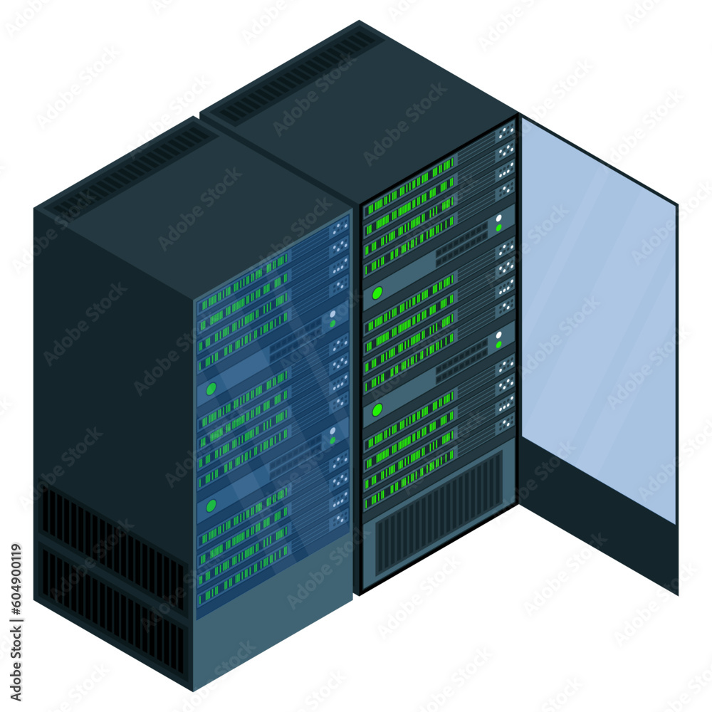 Isometric server. Network server room. 3D computer equipment. Storage database. Isometric technology. Vector illustration Isometric server. Network server room. 3D computer equipment. Storage database. Isometric technology. Vector illustration