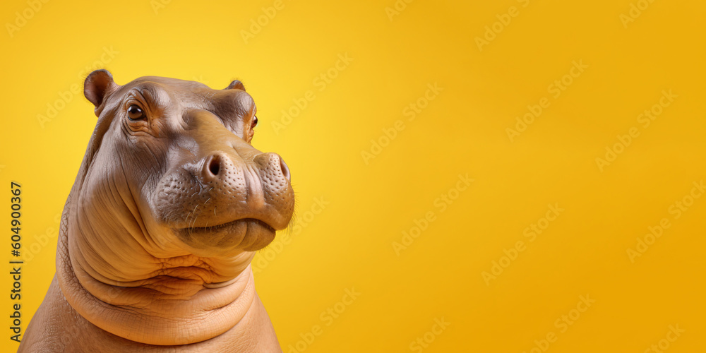 Fototapeta premium Portrait of a funny hippopotamus isolated on bright yellow background. Banner, place holder, copy space.