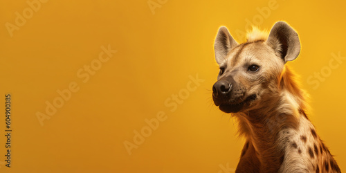 Portrait of a hyena isolated on bright yellow background. Banner, place holder, copy space.
