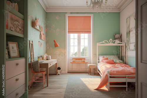 Modern cozy childrens room  classic interior design with light coral  green and white colors. Super photo realistic background  generative ai illustration