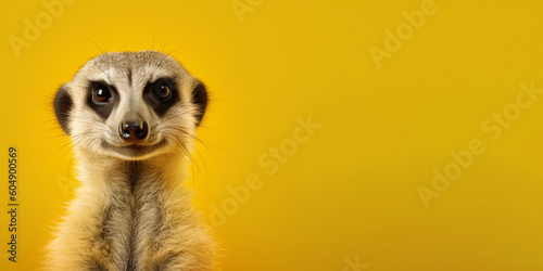 Portrait of a meerkat with open mouth isolated on bright yellow background. Banner, place holder, copy space. photo