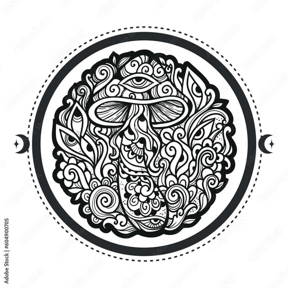 Psychedelic Magic Mushrooms. Vector illustration. Zen art doodle. Decorative mushrooms, hippie, hallucination, psilocybin 60s 70s