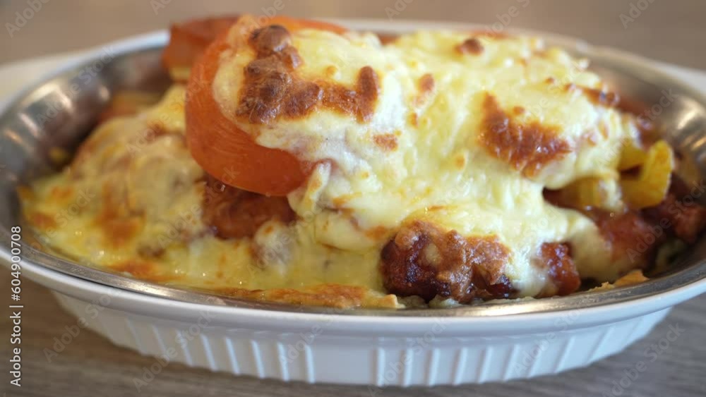 Cheese baked rice with pork chop and tomato Cheese baked rice with pork chop and tomato