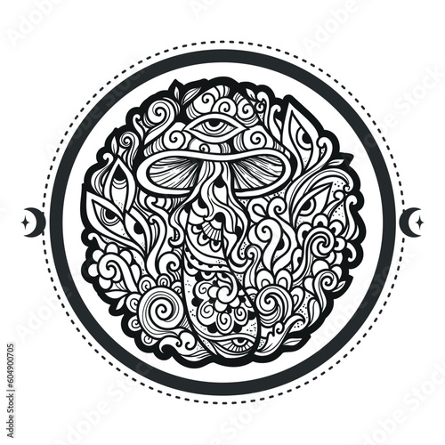 Psychedelic Magic Mushrooms. Vector illustration. Zen art doodle. Decorative mushrooms, hippie, hallucination, psilocybin 60s 70s