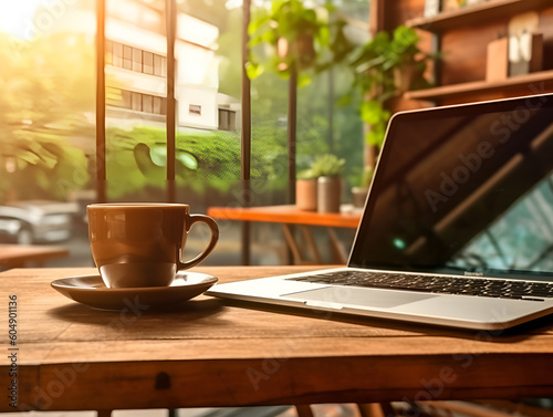 A blank screen laptop with brown coffee cup beside at cafe with windows background. Ai generated photo.