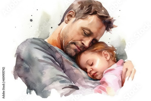 Father and child cuddling and sharing a moment of love. Watercolor, father's day concept. 