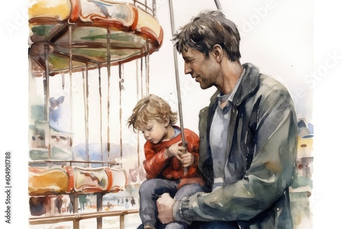 Father and child enjoying a day at an amusement park. Watercolor, father's day concept. 