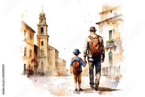 Father and child going on a historical or cultural tour of their city. Watercolor, Father's Day Concept.