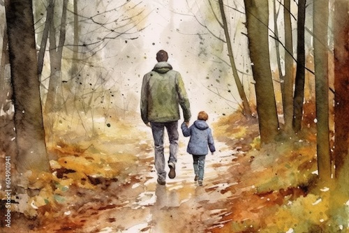Father and child going on a nature walk or exploring the outdoors, Watercolor, Father's Day concept. 