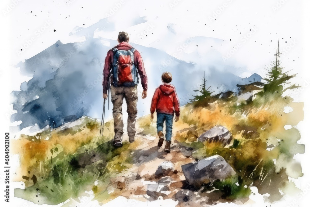 father and child hiking in the mountains