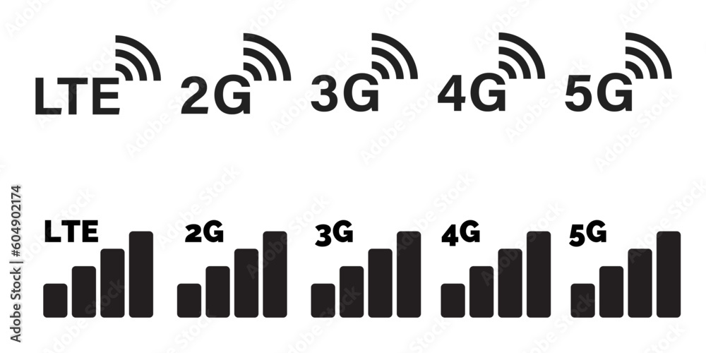 cellular network signal settings. mobile network power icon set. 2g, 3g, 4g, 5g and LTE network. no full range or signal icon set. UX UI mobile icon signal strength set