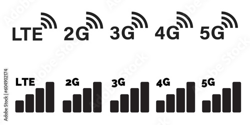 cellular network signal settings. mobile network power icon set. 2g, 3g, 4g, 5g and LTE network. no full range or signal icon set. UX UI mobile icon signal strength set photo