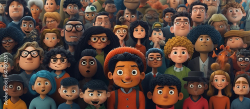 Diversity and inclusion concept: A group of people from many cultural backgrounds. Harmony. DEI. DEIB. Cartoon. Rendered. 3d. Teamwork. Working together. Multicultural. Cooperation. Tolerance.