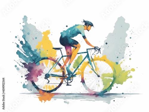 Bicycle or bike with abstract rainbow splattered paint on a white background. Generative ai.