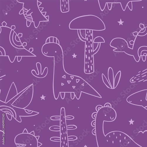 Outline doodle jurassic pattern with cute dino. Seamless purple vector print with dinosaurs for baby fabric.