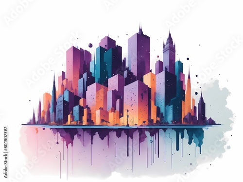 City skyline in watercolor. City at night with abstract rainbow splattered paint on a white background. Generative ai.