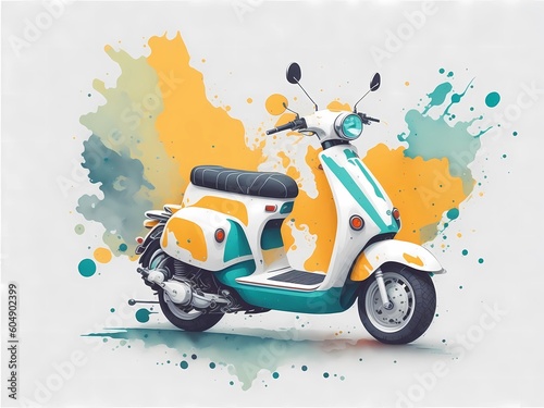 Vintage scooter on the street with abstract rainbow splattered paint on a white background. Generative ai.
